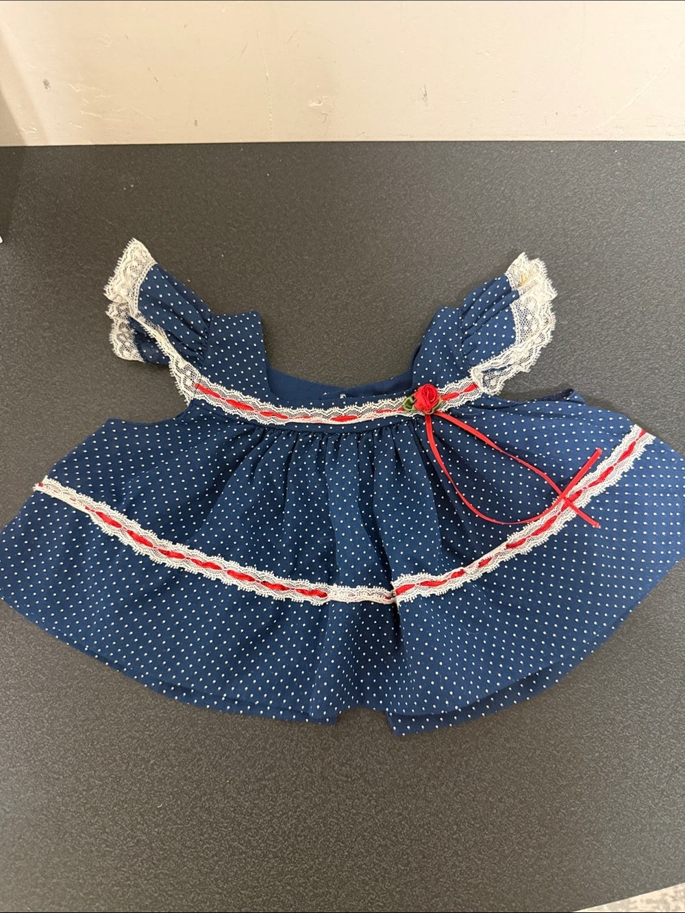 Navy Polka Dot Ruffled Baby Dress with Red Trim vintage